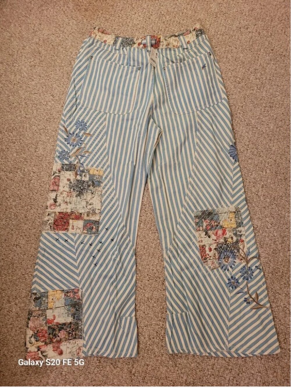 Free People NWT Patchwork Wide Leg Railroad Stripe Cotton Fabric Jeans Pants - Picture 5 of 7
